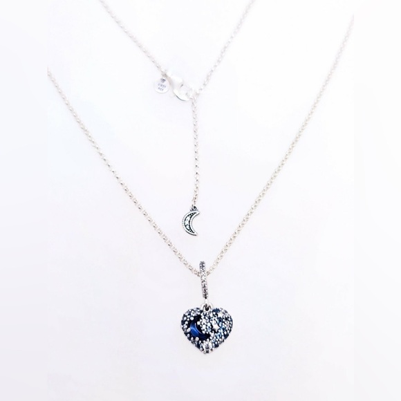 Pandora Jewelry - Pandora NIB Sparkling Blue Moon & Stars Crystal & CZ Heart Silver Necklace 17.7"